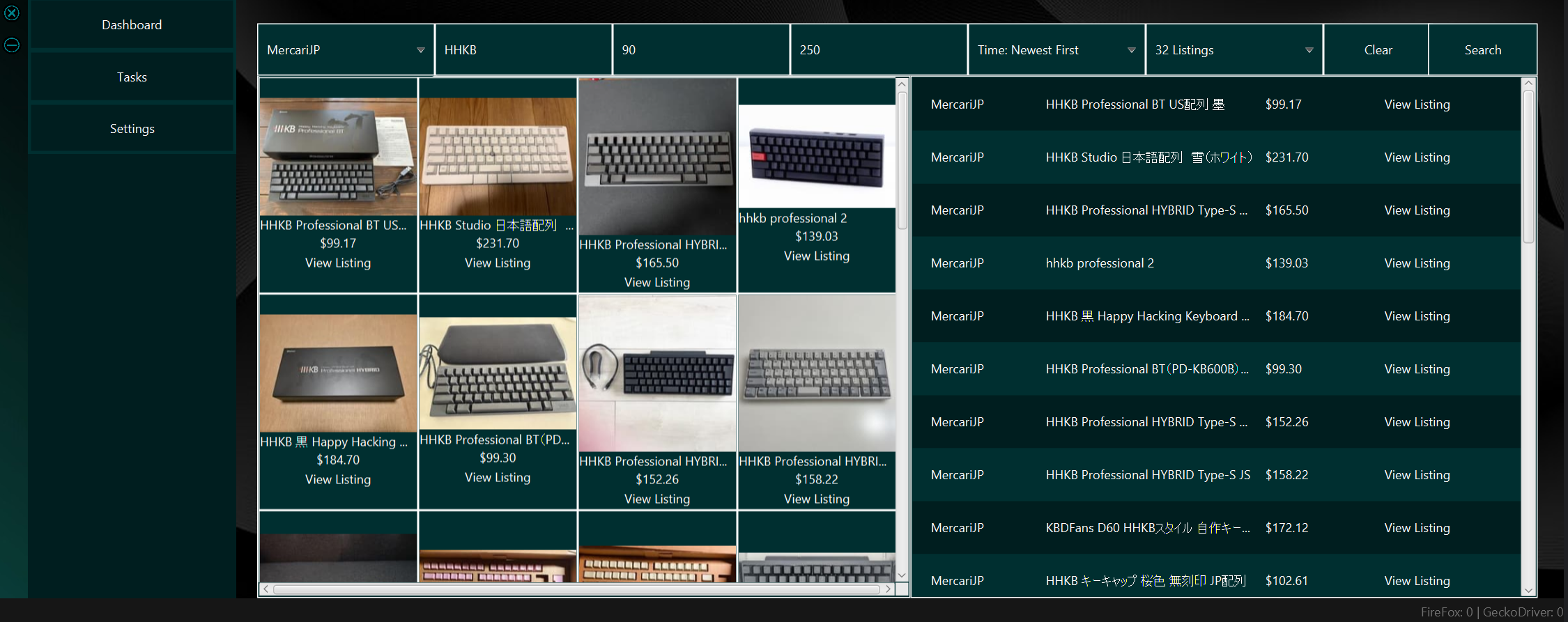 Dashboard showing filtered listings with grid layout and search controls